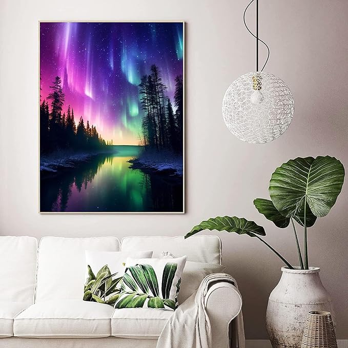 ijbnhd Diamond Art Kit for Adults, Aurora Diamond Painting Kit for Adults Full Drill Round Forests Lake Gem Art Painting for Crafts Home Wall Decor Gift 12x16inch