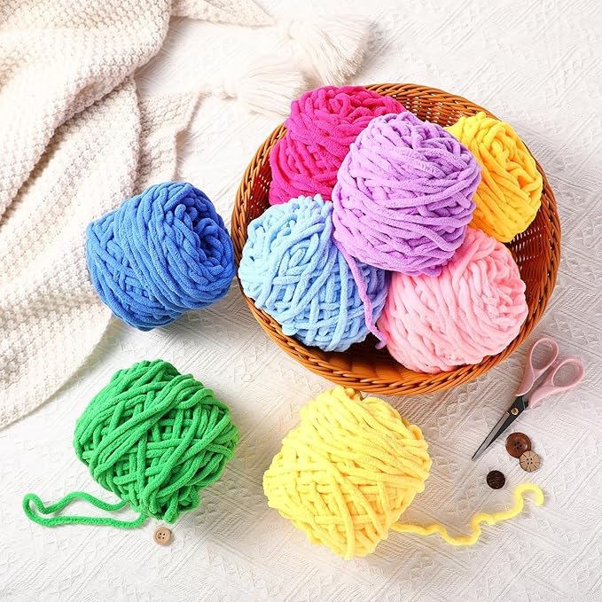 Buryeah 8 Pack Chunky Chenille Yarn for Crocheting Soft Thick Fluffy Yarn for Hand Knitting Bulky Velvet Blanket Plush for Weaving DIY Crafts Each 3.5 oz 55 Yards (Novel Colors)