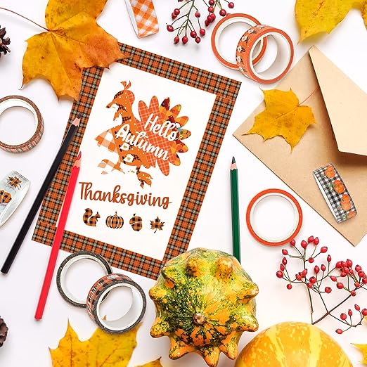Whaline 12 Rolls Fall Plaid Washi Tapes Colorful Buffalo Plaid Autumn Pumpkin Truck Maple Leaves Gnome Pattern Masking Tape Decorative Tape for Fall Scrapbook Journal DIY Craft Gift Wrapping, 0.6Inch