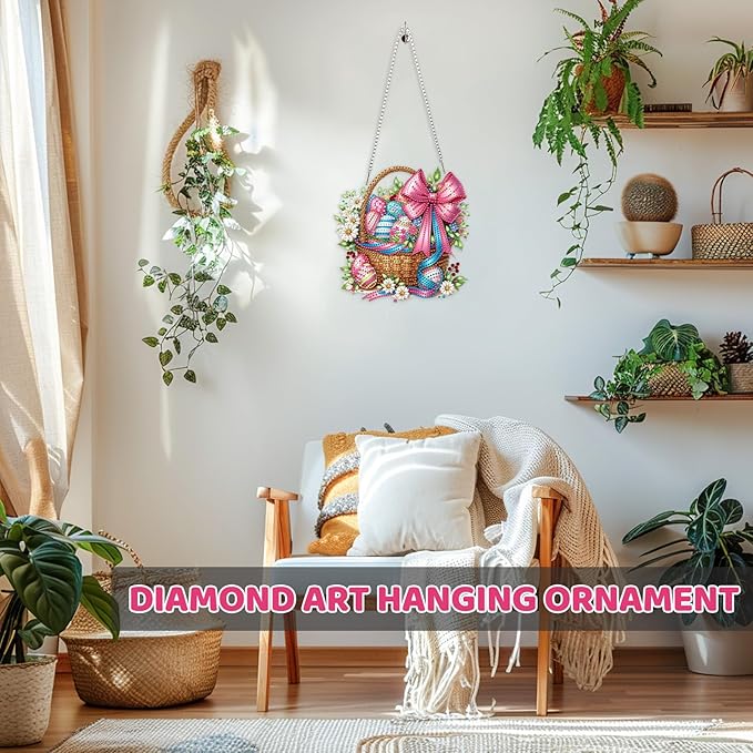 MEIYUDA Easter Egg Diamond Art Hanging Kits for Adult, Easter Eggs Basket Diamond Painting Hanging Kits Ornaments, DIY Special Shaped Rhinestone Window Pendants kit for Home Garden Wall Decor Gift