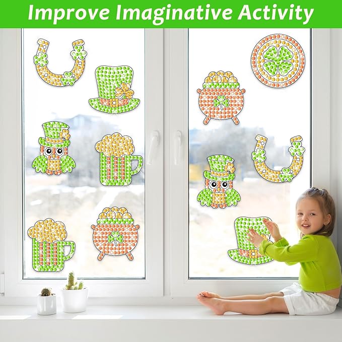 Qyeahkj 6 Pcs St Patrick's Day Arts Crafts DIY Shamrock Hat Gem Diamond Suncatcher Crafts for Kids Patrick Diamond Painting Gifts Exchange for Kids Aged 4 6 8 10 12 for Home School Party Decor