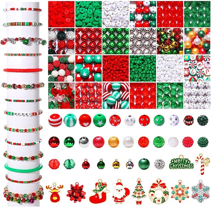 NVENF 2300PCS+ Christmas Beads Charms for Jewelry Making, Enamel Wreath Elk Snowman Snowflake Charms, Red Green Christmas Clay Beads, Assorted Rhinestone Star CCB Beads for DIY Bracelet