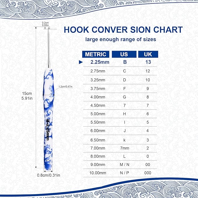 BCMRUN 2.25 mm(B) Crochet Hook, Ergonomic Handle for Arthritic Hands, Blue and White Porcelain Pattern Soft Rubber Grip Extra Long  Knitting Needles for Beginners and Crocheting Lover (2.25mm-B)