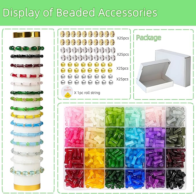 REVKI 6 * 12mm Glass Beads Bracelet Making Kit,600pcs 24 Colors Rice Shaped Natural Bamboo Crystal Beads for Jewelry Making,Teardrop Glass Beads for DIY Necklace Crafts