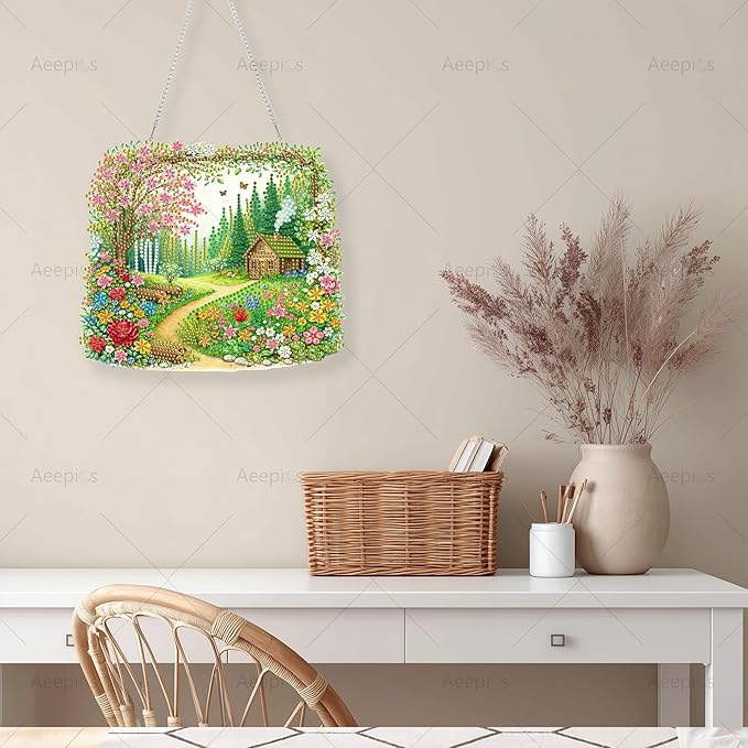 Aeepics Hanging Diamond Art Kit for Adult, DIY Diamonds Painting Pendant Ornament Kit, Acrylic Diamond Art Painting Board Kit (Cabin in The Wood)