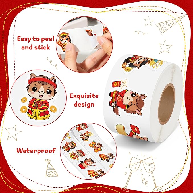 beyumi chinese new year stickers - 1000pcs spring festival 2026 year of the horse cute stickers in 2 rolls waterproof vinyl lunar nye celebration decals for candy gift party favor laptop bottle decor