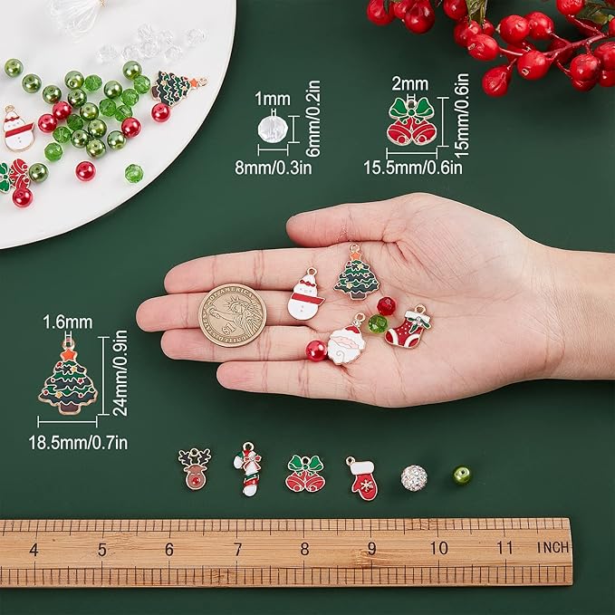 SUNNYCLUE 1 Box 226Pcs 6Sets Christmas Enamel Charms Christmas Tree Bracelet Making Kit Reindeer Socks Candy Cane Santa Claus Glass Beads Snowman Charms for Jewelry Making Kits Adult Xmas Gifts