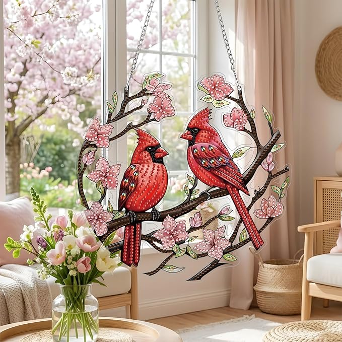 DIY Hanging Diamond Pendant Special Shaped Crystal Diamond Art Painting Ornament Single Sided for Window Home Garden Wall Door Decor (Large-Cardinal)