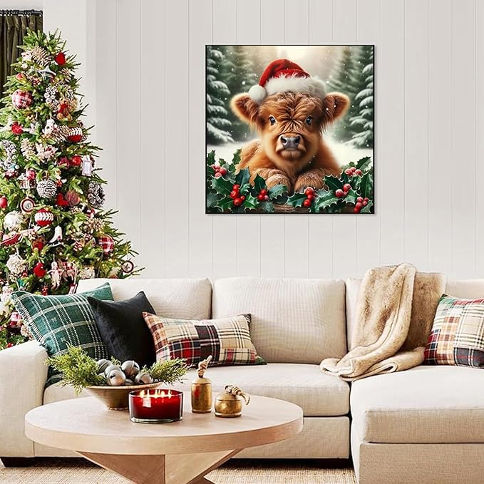 Semneroy Christmas Highland Cow Diamond Art Kits for Adult, Xmas 5D Diamond Painting for Beginnger,DIY Full Drill Winter Holiday Rhinestone Diamond Dots Gem Painting Art Craft Home Decor 14 x14 Inch