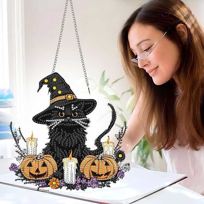 Pavemlo Hanging Diamond Art Kits for Adults Halloween Cat – 8x8 Inch Double-Sided Acrylic Board DIY Crystal Diamond Suncatcher Pendant, Sparkling Home Wall or Window Decoration Handmade Gift