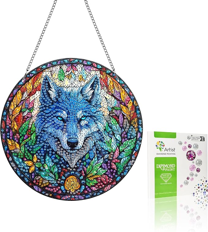 VAIIEYO Wolf Diamond Art Hanging Ornament, Animal Diamond Painting Suncatchers Window Hanging Kit with Chain, 7.5x7.5 inch Crystal Pendant Art Craft for Gift Home Wall Front Door Decoration