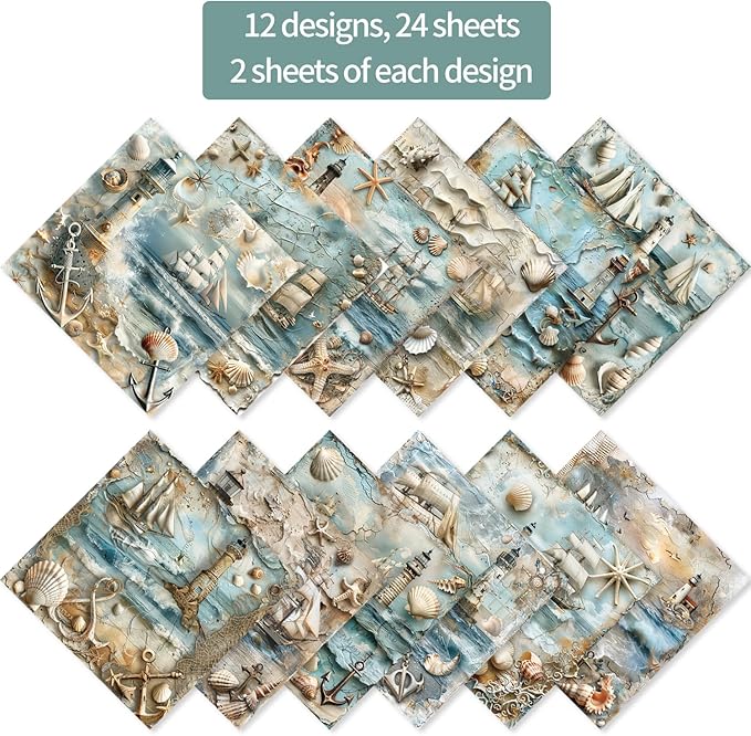 6x6" 160gsm cardstock Single Sided Scrapbooking 24 Paper Pad vintage decoupage scrapbook kit patterned paper junk journal supplies journaling supply scrap crafting.Nautical