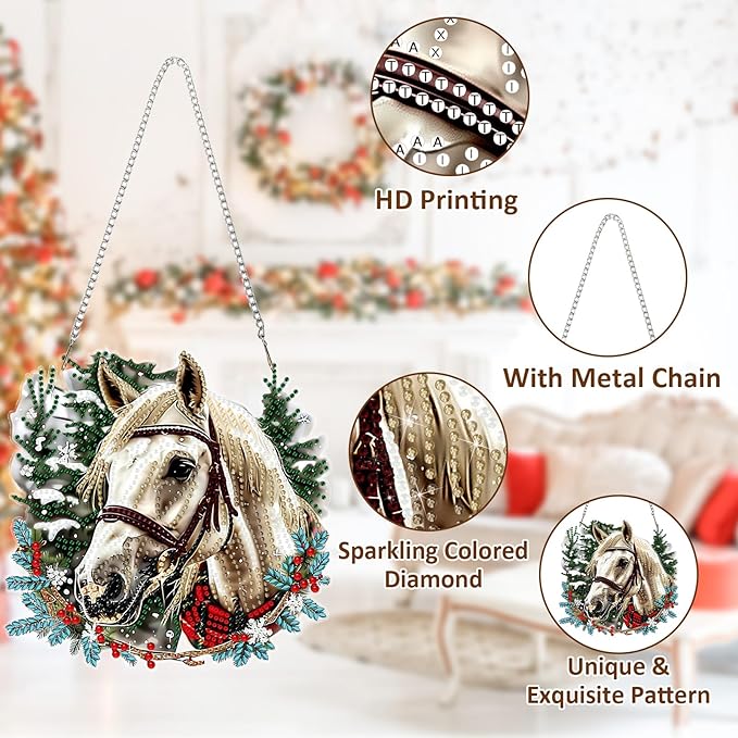 SENQAO Christmas Diamond Art Hanging Kits for Adults, Horse Diamond Art Suncatchers, 5D Special Shape Diamond Painting Pendant Window Ornament Gifts for Home Door Wall Decor