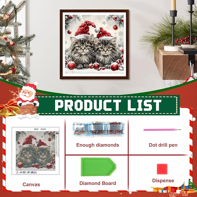 EMIEAUFG Christmas Diamond Art Kits for Adults, Christmas Cat Diamond Paiting Kit for Beginners, 5D DIY Round Full Drill Craft Diamond Dot Gem Art, Home Wall Decor 12" x 12"