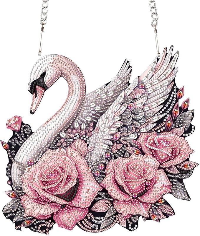 Diamond Art Painting Pendant Ornament Kits 5D Diamond Art Painting Art Hanging Kit Rose Swan DIY Diamond Crystal Window Door Pendant Kit for Adults Gift Wall Home Christmas Decoration (24.2x23 cm)