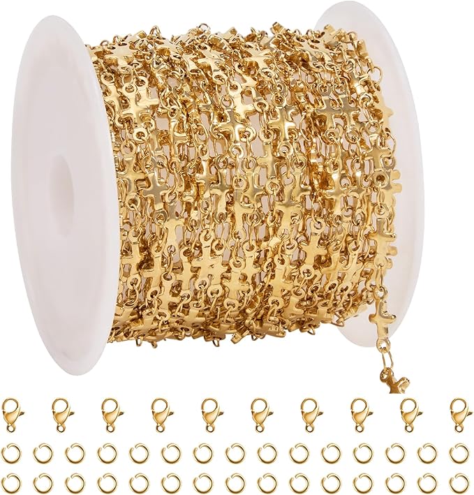 SMYHTGLIF 13 Feet Gold Cross Chain for Jewelry Making Stainless Steel Chain Bulk Craft Jewelry with Lobster Clasps and Jump Rings