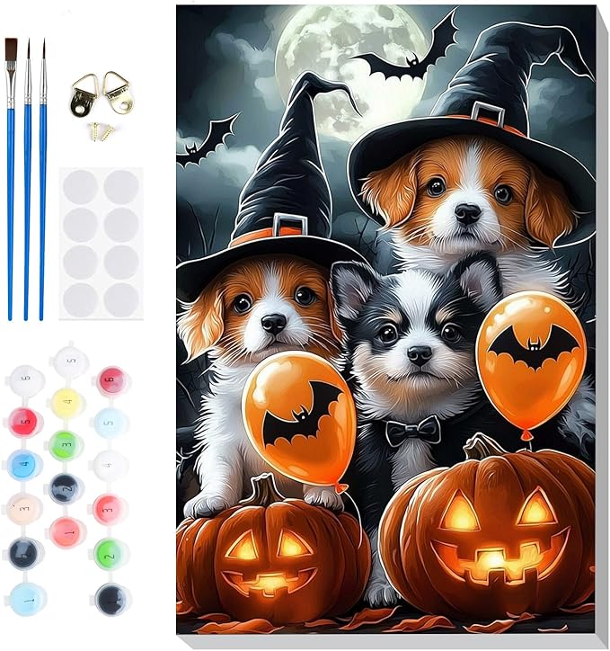 Bowetile Halloween Framed Paint by Numbers for Adults, Adults' Paint-by-Number Dog Kits on Canvas, Easy Acrylic Pumpkin Number Painting Crafts Kits Halloween Gifts for Home Decor, 8x12in