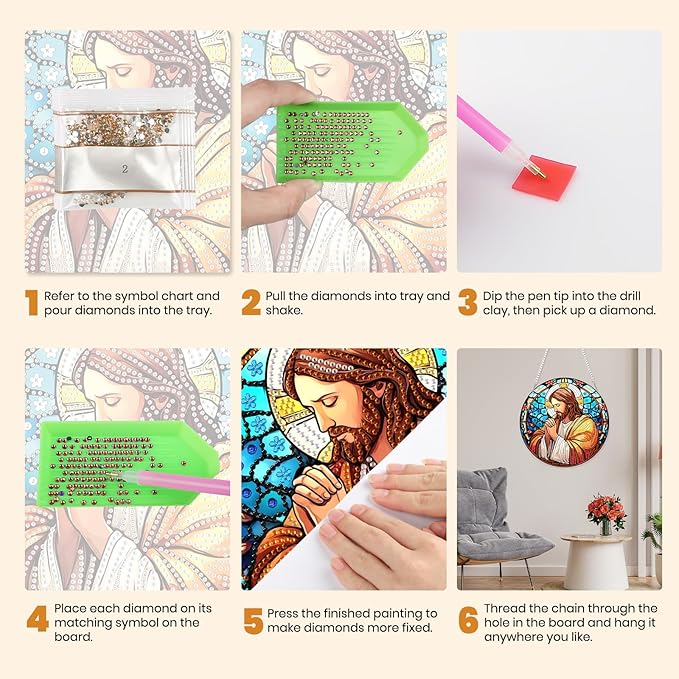 MXJSUA Diamond Art Hanging Kits for Adults Beginners, Stained Glass Jesus DIY Acrylic Special Shaped Crystal Diamond Gem Art Pendant Drills Painting Ornament for Home Wall Decor and Gift