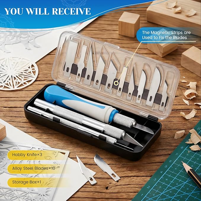 16 PCS Exacto Knife Set, 3 Craft Knife and 13 SK5 Steel Blades & Magnetic Storage Case, Exacto Knife for Crafting, DIY, Scrapbooking, Wood Carving, Art Projects, 3D Printing & Junk Journal Supplies