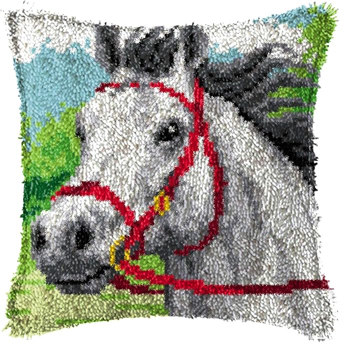 LAPATAIN Latch Hook Kits for DIY Throw Pillow Cover,Needlework Cushion Cover Hand Craft Crochet for Great Family 17X17inch White Horse