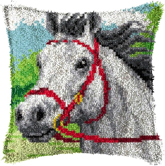 LAPATAIN Latch Hook Kits for DIY Throw Pillow Cover,Needlework Cushion Cover Hand Craft Crochet for Great Family 17X17inch White Horse