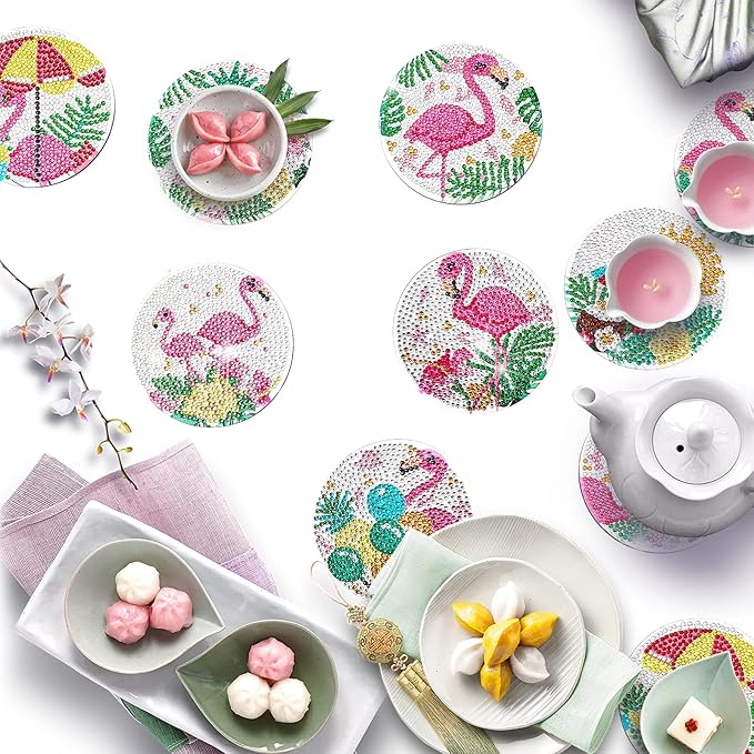 YLOLUL 10 Pc Flamingo Coasters Kit with Holder - Beginner & Kid Friendly Art Craft Gifts