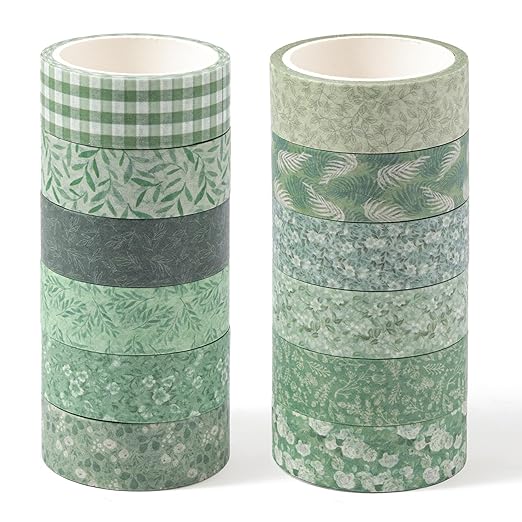 Sage Green Washi Tape - 12 Rolls Gingham Floral Leaf Botanical Patterns Acid Free Repositionable Adhesive Easy Hand Tear for Scrapbook Gift Wrapping Journal Office Supplies DIY Crafts