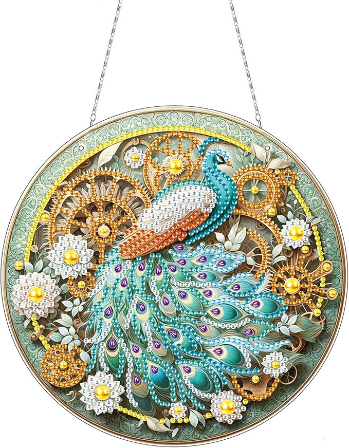 Generic DIY Hanging Diamond Pendant Special Shaped Crystal Diamond Art Painting Ornament Single Sided for Window Home Garden Wall Door Decor-Green Peafowl