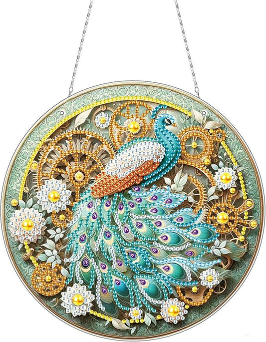 Generic DIY Hanging Diamond Pendant Special Shaped Crystal Diamond Art Painting Ornament Single Sided for Window Home Garden Wall Door Decor-Green Peafowl