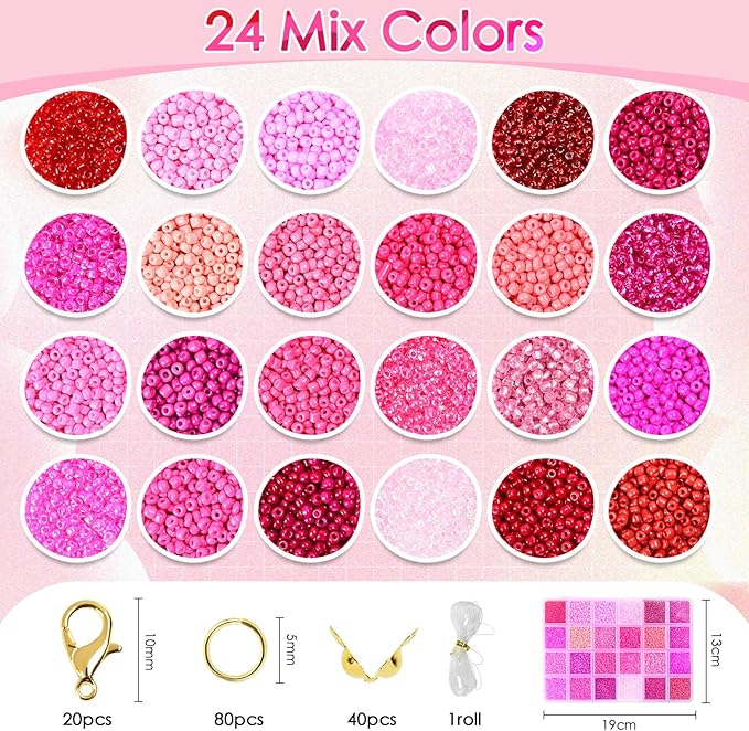 Vtssvow 3mm Glass Seed Beads for Bracelets Making, 24 Colors 10000pcs Friendship Bracelet Making Kit, Small Glass Beads for Jewelry Making (Mix 24 Color, Red and Pink)