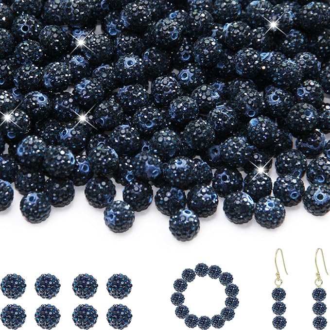100 Pcs 10mm Rhinestone Beads for Jewelry Making, Light Blue Shiny Round Shamballa Disco Baseball Necklace Beads Sparkle Crystal Clay Pave Rhinestones Bead for DIY Bracelet Earring Making Supplies