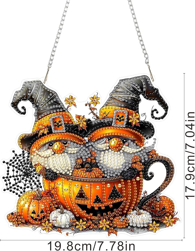 SENQAO Halloween Diamond Art Hanging Kits for Adults Beginners, DIY Acrylic 5D Special Shaped Crystal Diamond Gem Art Painting Hanging Ornament for Home Wall Decor and Gift（Gnome Pumpkin Cup）