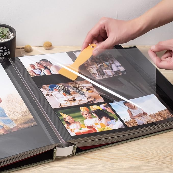 Large Photo Album Self Adhesive 4x6 5x7 3x5 8x10 Scrapbook Magnetic Album DIY Scrap Book Length 13 x Width 12.8 (Inches) 120 Black Sticky Pages Linen Cover DIY Photo Album(Gress Green)