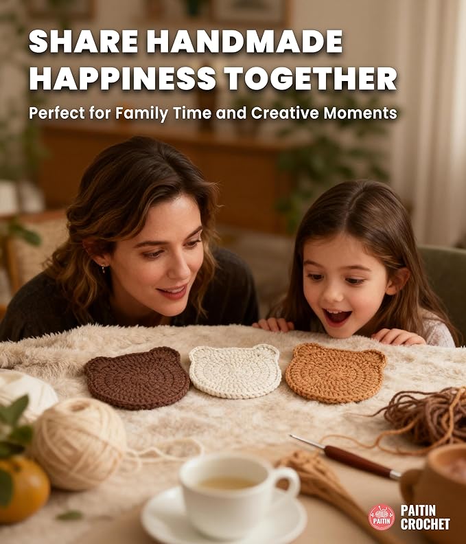 PAITIN Crochet Starter Kit – Easy DIY Craft Set for Adult Beginners, Handmade Yarn Art Project with Video Guidance (Bear Coaster)