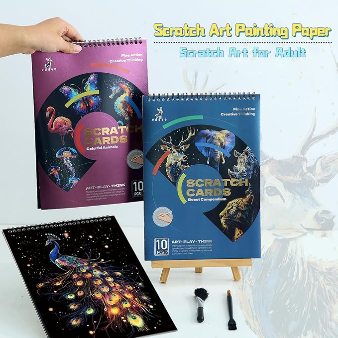 Animals Scratch Art Book for Adults-Colorful Animal Scratch Paper|Scratch Painting Paper Craft Kit|Creative Foil Engraving Scratch Art|Stress Relief Gift for Craft Lovers(Animal Series 1)