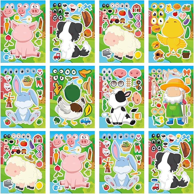 24 sheets 8.27''×5.9'' make your own farm animals stickers for kids toddlers, make a face stickers for kids party favors activities