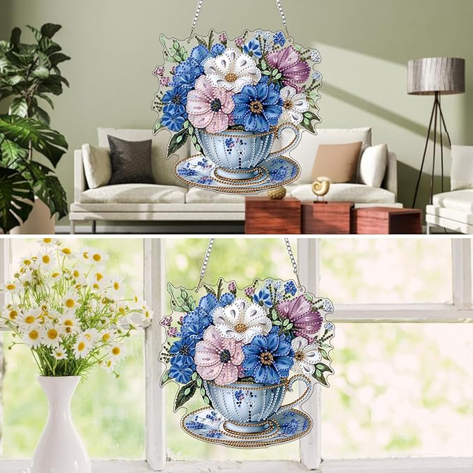 MXJSUA Bouquet Blue Flowers Special Shaped Hanging Diamond Painting Art Kits for Adults, Crystal Rhinestone Acrylic Gem Art Pendant Ornaments Kit for Home Decor and Gift 7.87 * 7.87 Inch