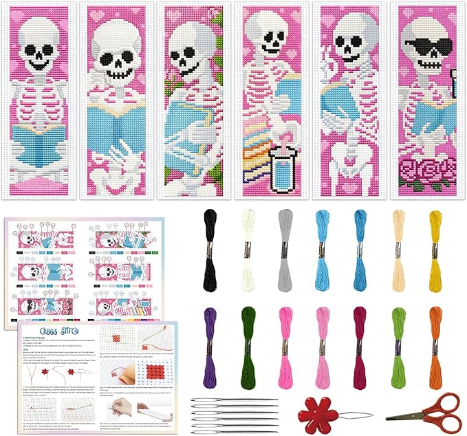 ACRNIGHEET 6PCS Cross Stitch Kits Stamped Cross Stitch Bookmark Kit for Beginner Adults Skull Reading Embroidery Bookmark Kit Needlepoint Kits with Instructions Book Lovers Craft Gift 8.5''x3'' 11CT
