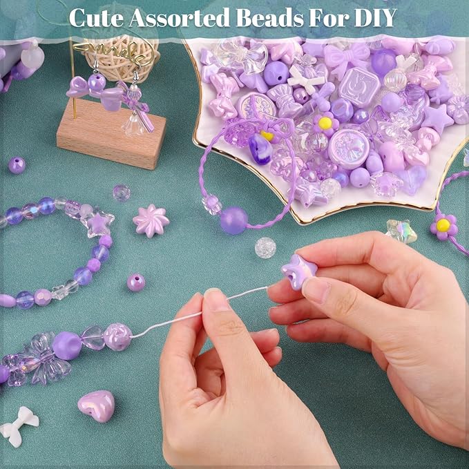 200-260pcs tinkrstuff assorted purple acrylic beads for bracelet making, cute beads for jewelry making flower bow butterfly candy gummybear aesthetic bracelet charms, diy necklace keychain phone charm