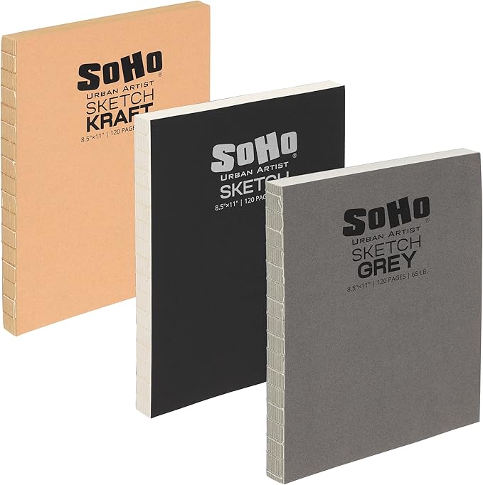 SoHo Urban Artist Open Bound Sketch Pads - Open Coptic Bound Sketch Pads for Drawing, Calligraphy, Any Dry Media, & More! - [Grey, White, & Kraft - 8.5x11-3 Pack]