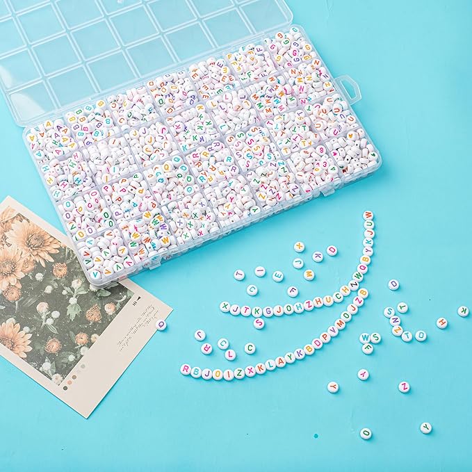 1400pcs letter beads, 4x7 mm acrylic alphabet beads, beads for jewelry and bracelet making, in 28 grid box (white and colorful)