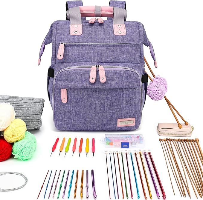 LTINVECK Crochet Backpack,Knitting Bag Backpack Yarn Storage Organizer Travel Crochet Bag,Large Yarn Tote Bag Yarn Holder Case for Knitting Needles,Crochet Hooks,Crochet Accessories