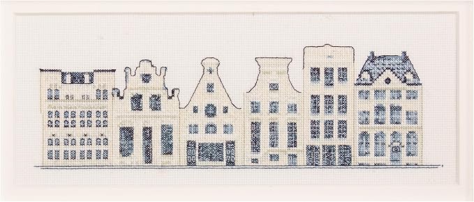 Thea Gouverneur - Counted Cross Stitch Kit - Delft Blue Houses - Aida - 18 Count - Embroidery Kit for Adults - DMC Embroidery Threads and Other Cross Stitch Supplies Included - 552A