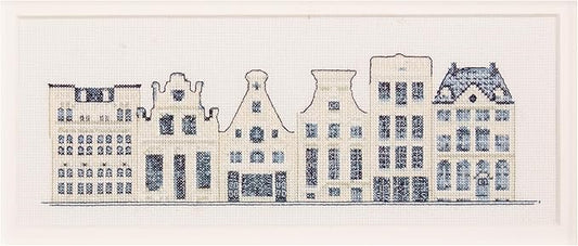 Thea Gouverneur - Counted Cross Stitch Kit - Delft Blue Houses - Aida - 18 Count - Embroidery Kit for Adults - DMC Embroidery Threads and Other Cross Stitch Supplies Included - 552A