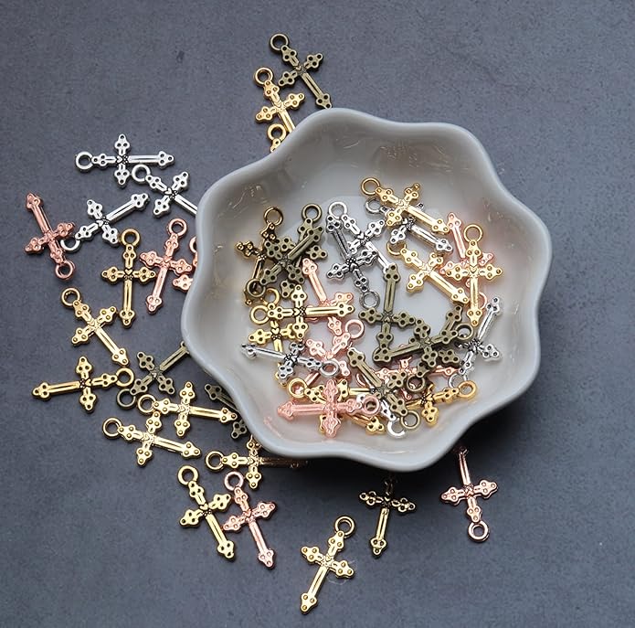 50 Pcs Vintage Crucifix Pendants Beading Charms with Hole Small Chic Elegant Metal Religious Bulk Cross for Jewelry Making Kit DIY Bracelet Necklace Earring Keychain Accessories Supplies