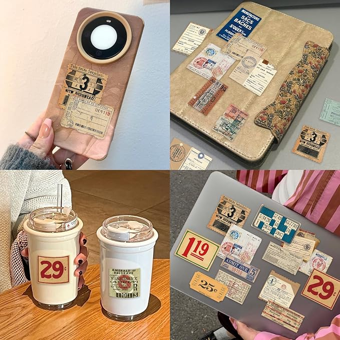 PRSTINCOL 100Pcs Vintage Sticker Pack - Scrapbooking Supplies & Junk Journal Accessories - Aesthetic Stickers for Water Bottles, Craft Kits, Bullet Journals - Retro Design