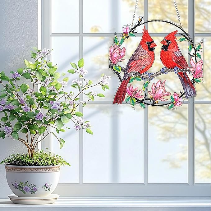 QENSPE DIY Hanging Diamond Painting Pendant Kit Cardinal,Magnolia Diamond Art Ornament Kit Acrylic Board for Window,Easy Crystal Pendant Gem Art for Home Garden Wall Decor,20x20cm