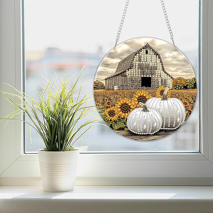 SENQAO Farmhouse Diamond Art Hanging Kits for Adults, Acrylic Diamonds Painting Pendant Board Kits Pumpkin, Diamond Art Painting Window Pendants Home Garden Wall Hanging Kits Hanging Ornament