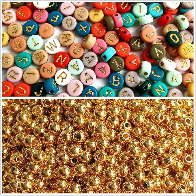 Amaney 2000pcs Beads Kits,Letter Beads and Gold Spacer Beads for DIY Bracelet Necklace Craft Jewelry Making Colorful