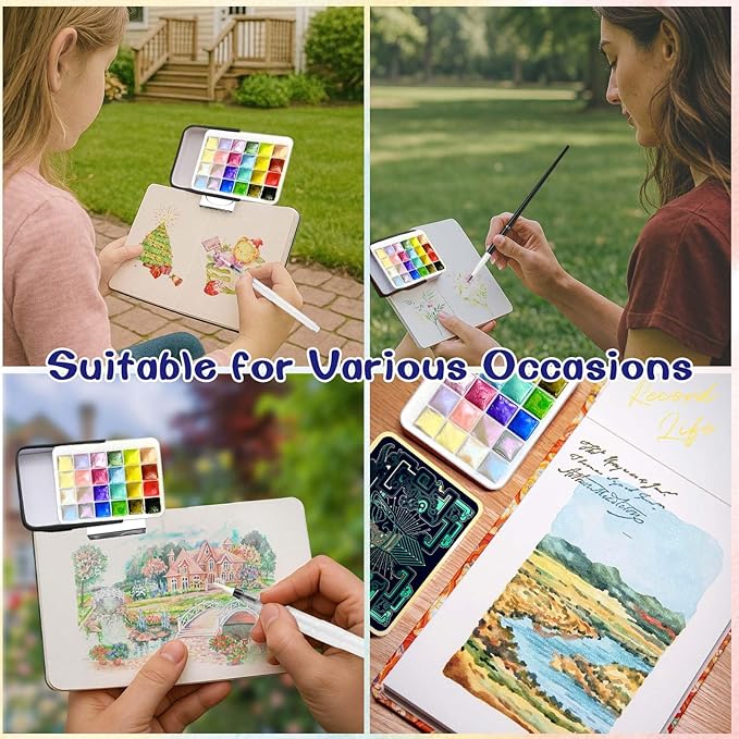 Mini Watercolor Paint Set - 24 Colors Glitter Travel Watercolor Set, Portable Metallic Water Color Paints Palette Box with Watercolor Book,Clips,Pens,Storage Bag for Painting Lovers and Artists
